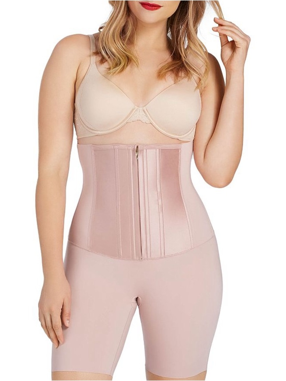 SPANX UNDER SCULPTURE HIGH-WAIST MID-THIGH CORSET SHAPER SHORTS IN CAMEO BLUSH